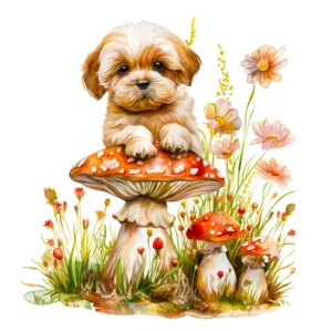 Papier peint enfantin chiot mignon sur champignons rouges avec fleurs