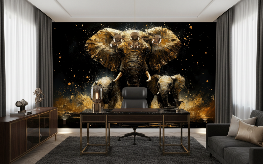 Papier Peint Famille d'Éléphants Dorés Style Artistique Moderne - Bureau