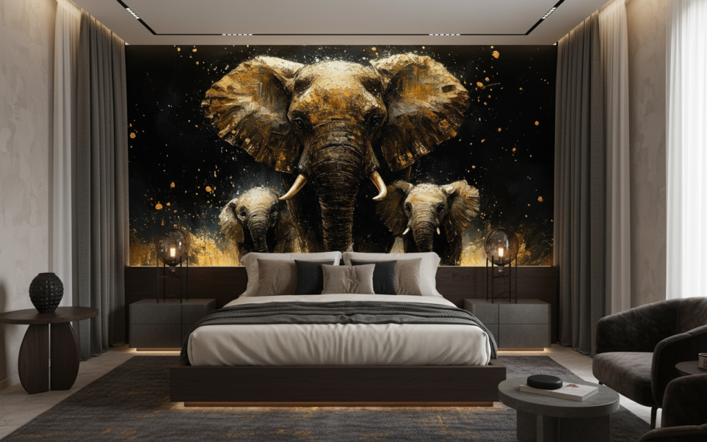 Papier Peint Famille d'Éléphants Dorés Style Artistique Moderne - Chambre adulte