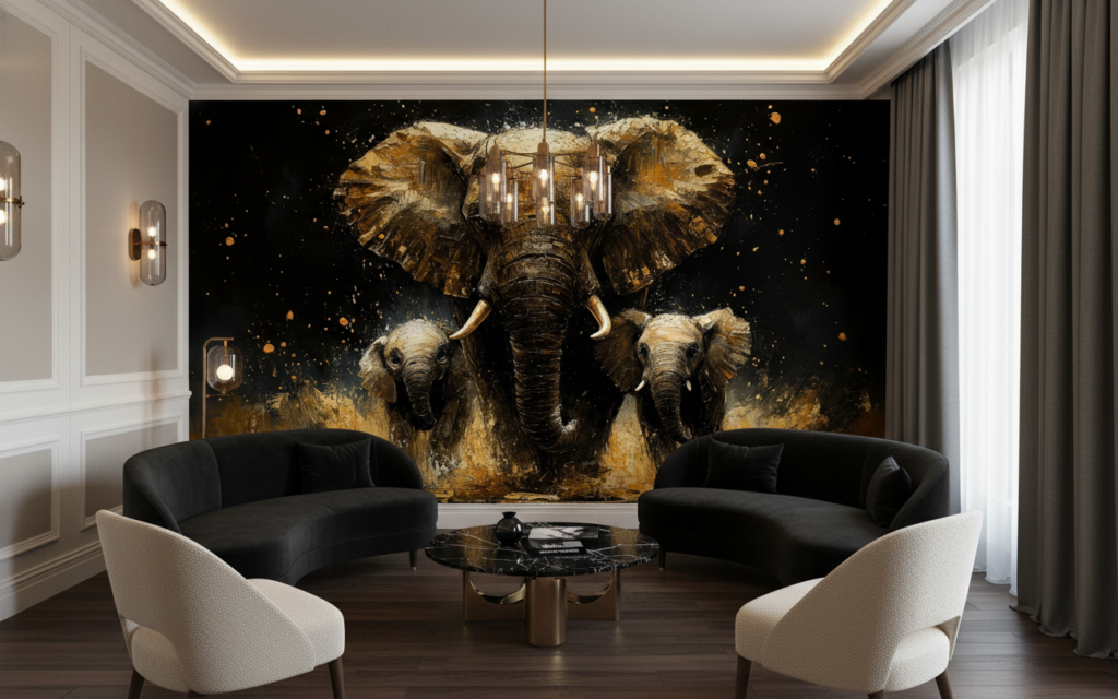 Papier Peint Famille d'Éléphants Dorés Style Artistique Moderne - Hôtel