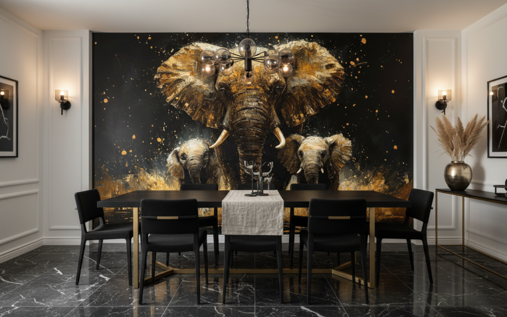Papier Peint Famille d'Éléphants Dorés Style Artistique Moderne - Salle à manger