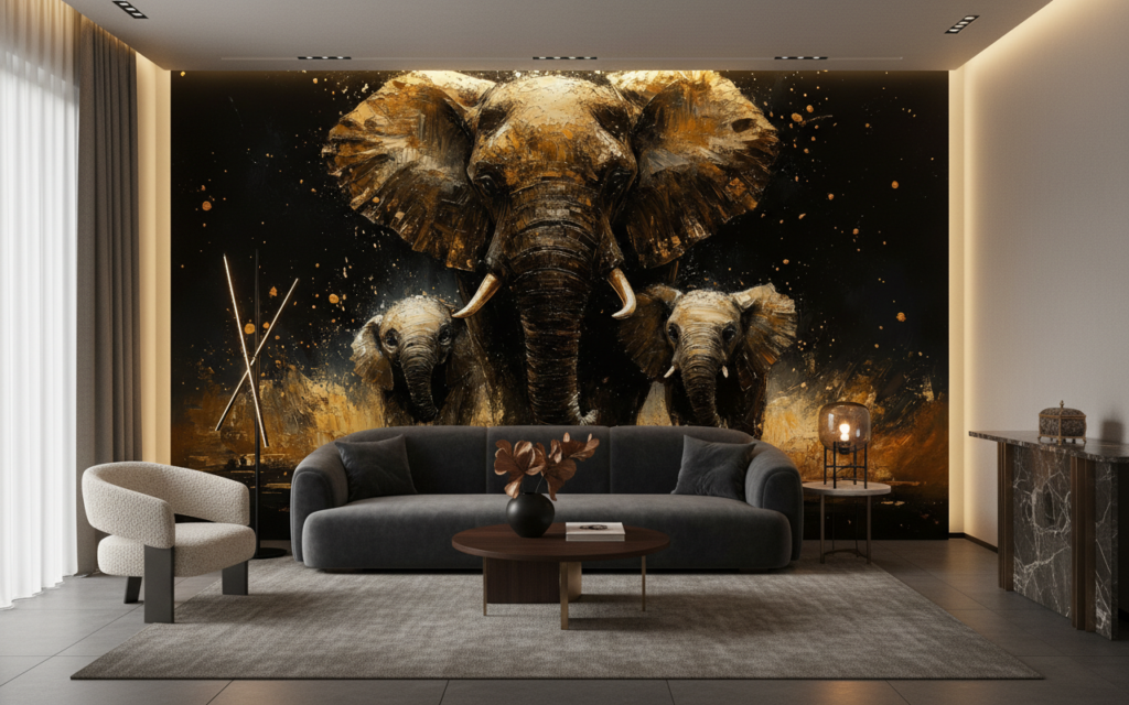 Papier Peint Famille d'Éléphants Dorés Style Artistique Moderne - Salon / Séjour