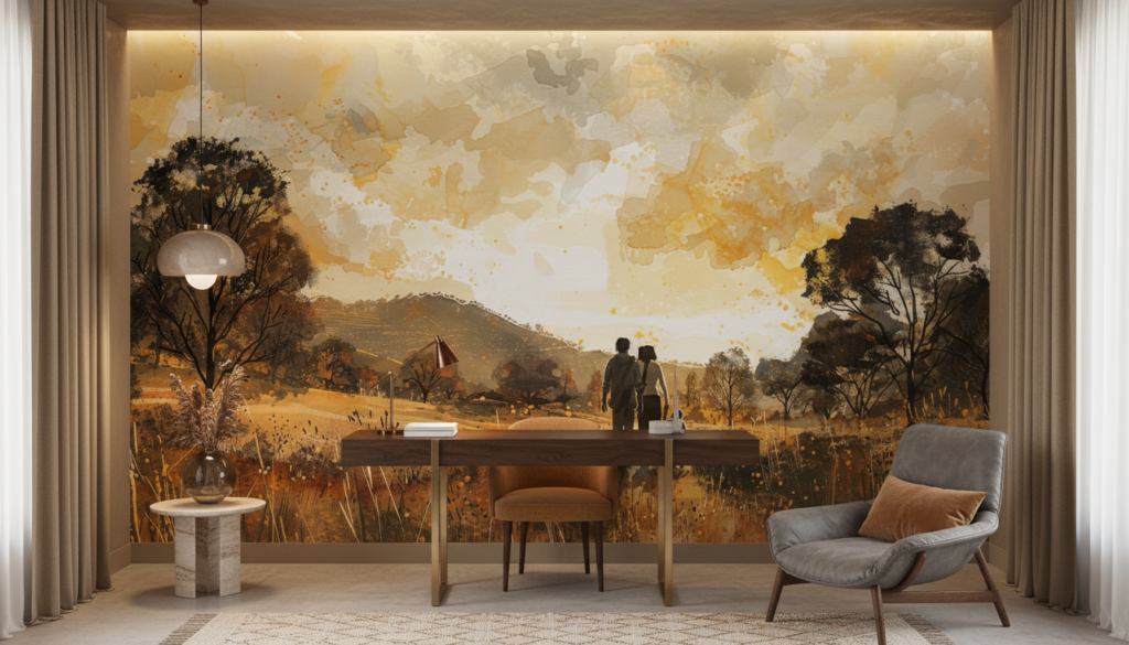 Papier peint famille silhouette coucher de soleil paysage automnal - Bureau