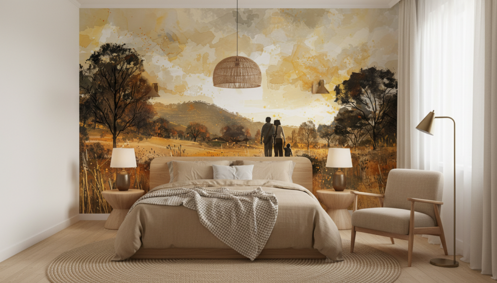 Papier peint famille silhouette coucher de soleil paysage automnal - Chambre adulte