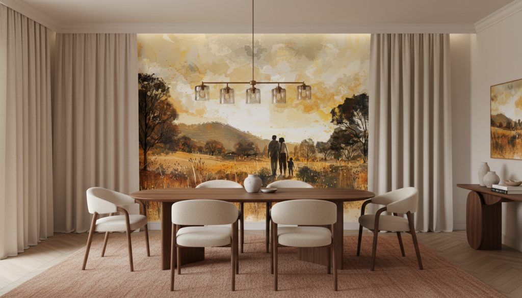 Papier peint famille silhouette coucher de soleil paysage automnal - Salle à manger