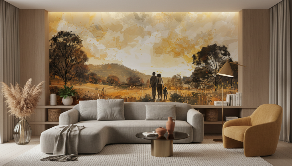 Papier peint famille silhouette coucher de soleil paysage automnal - Salon / Séjour