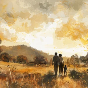 Papier peint famille silhouette coucher de soleil paysage automnal