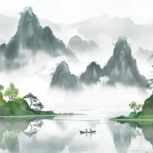 Papier Peint Paysage Montagneux Asiatique avec Lac et Brume