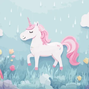 Papier peint féerique licorne rose sous la pluie arc-en-ciel