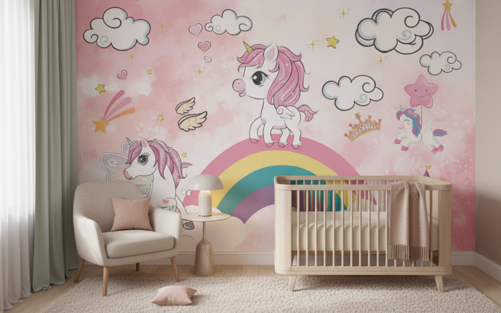 Papier peint féerique licornes arc-en-ciel château rose nuages étoilés - Chambre bébé