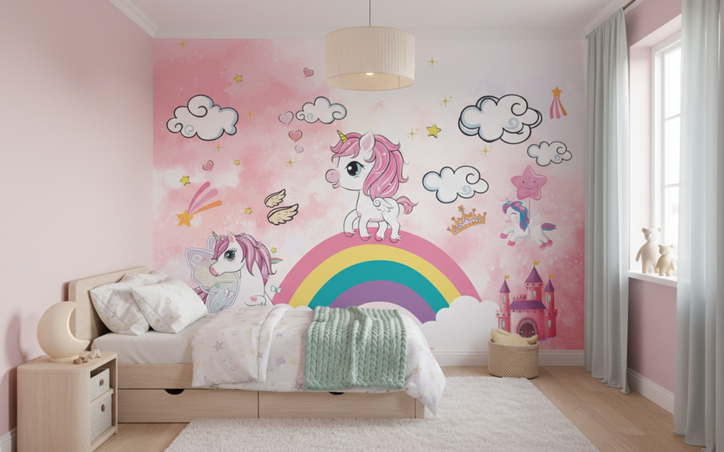 Papier peint féerique licornes arc-en-ciel château rose nuages étoilés - Chambre enfant