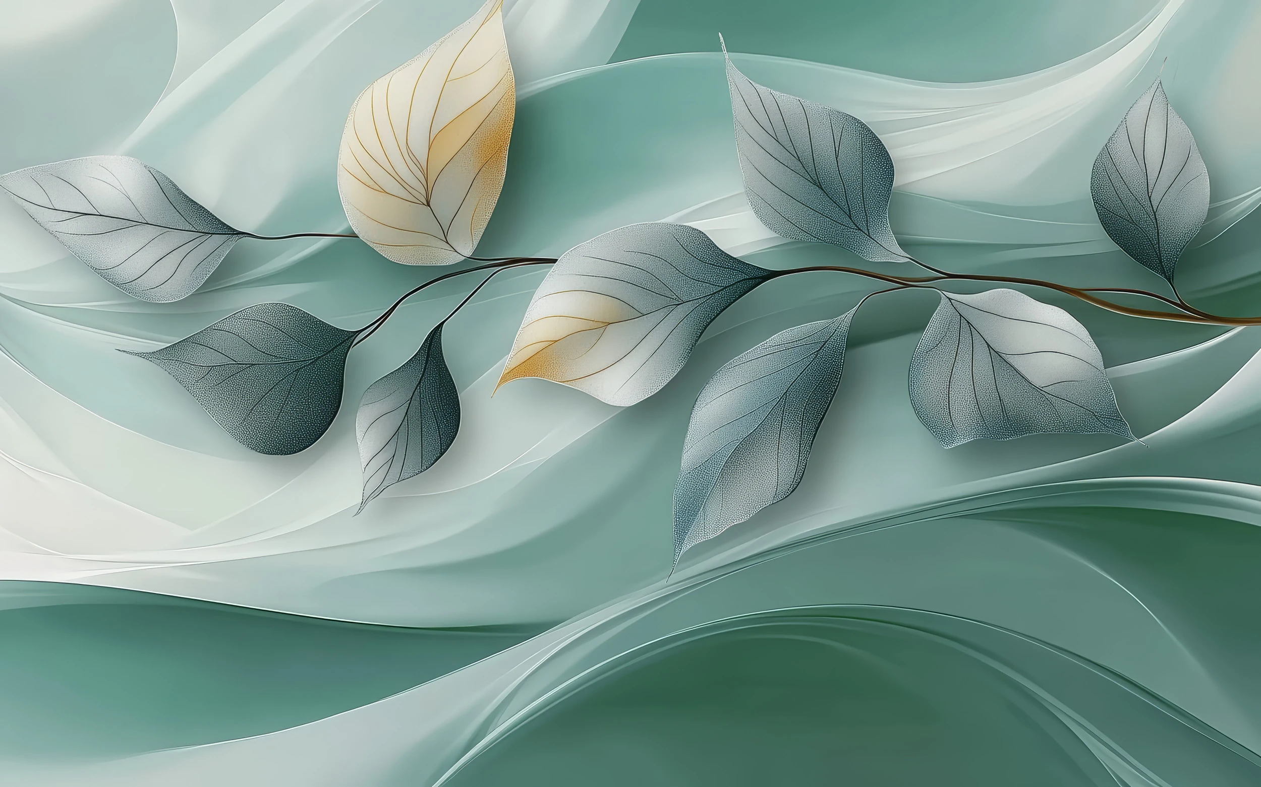 Papier Peint Végétal Moderne aux Feuilles Dorées et Vertes