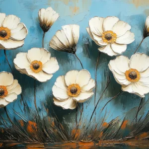 Papier peint fleurs blanches vintage sur fond bleu abstrait