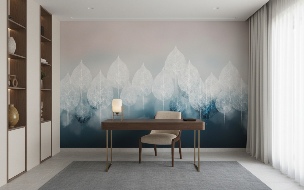 Papier Peint Feuillage Stylisé Dégradé Bleu Atmosphérique Moderne - Bureau