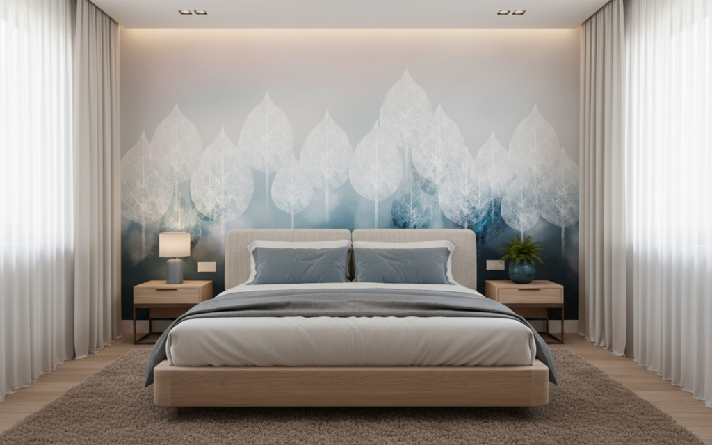 Papier Peint Feuillage Stylisé Dégradé Bleu Atmosphérique Moderne - Chambre adulte