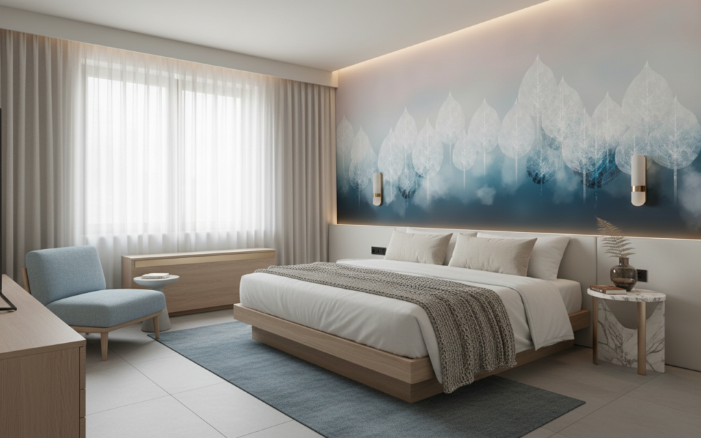 Papier Peint Feuillage Stylisé Dégradé Bleu Atmosphérique Moderne - Hôtel