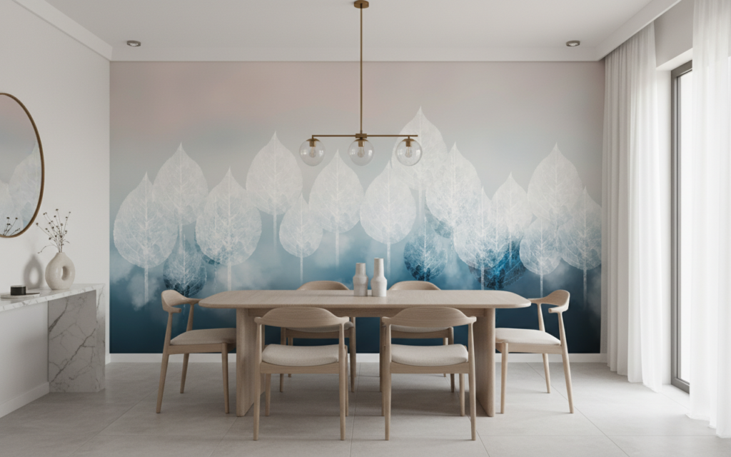 Papier Peint Feuillage Stylisé Dégradé Bleu Atmosphérique Moderne - Salle à manger