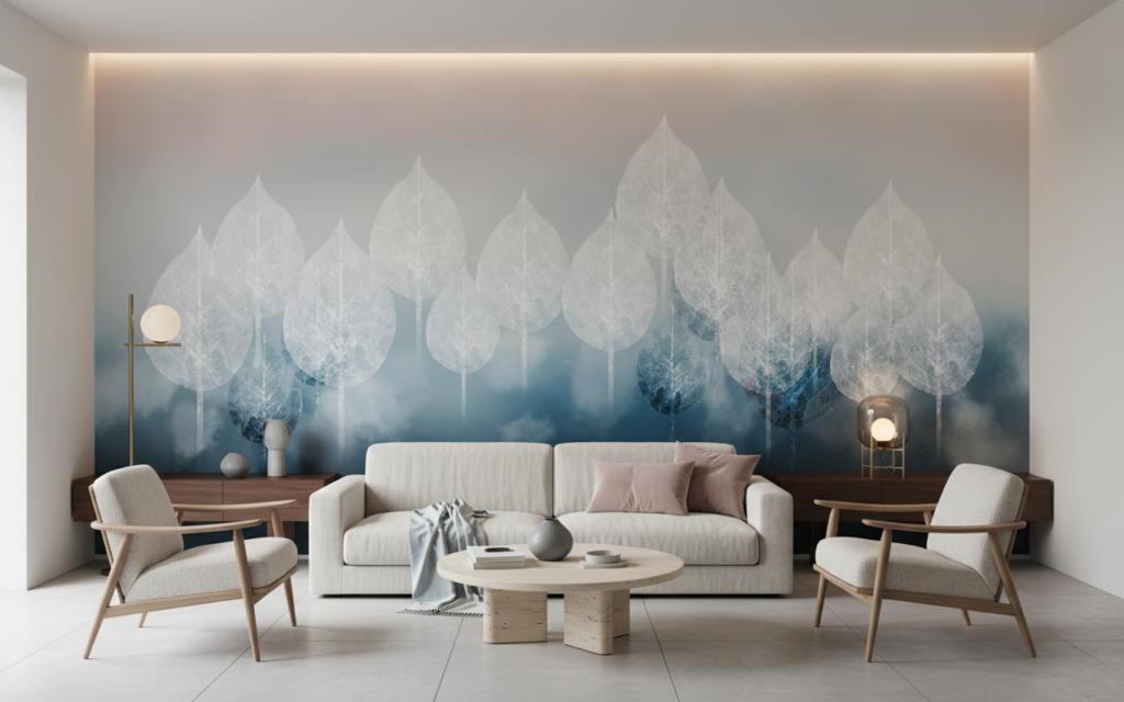 Papier Peint Feuillage Stylisé Dégradé Bleu Atmosphérique Moderne - Salon / Séjour