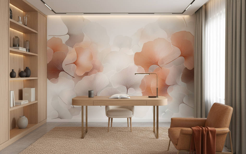 Papier peint feuilles de ginkgo aquarelle tons orangés et beiges - Bureau