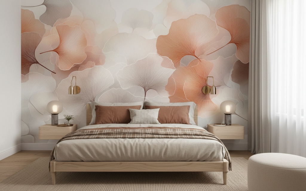 Papier peint feuilles de ginkgo aquarelle tons orangés et beiges - Chambre adulte