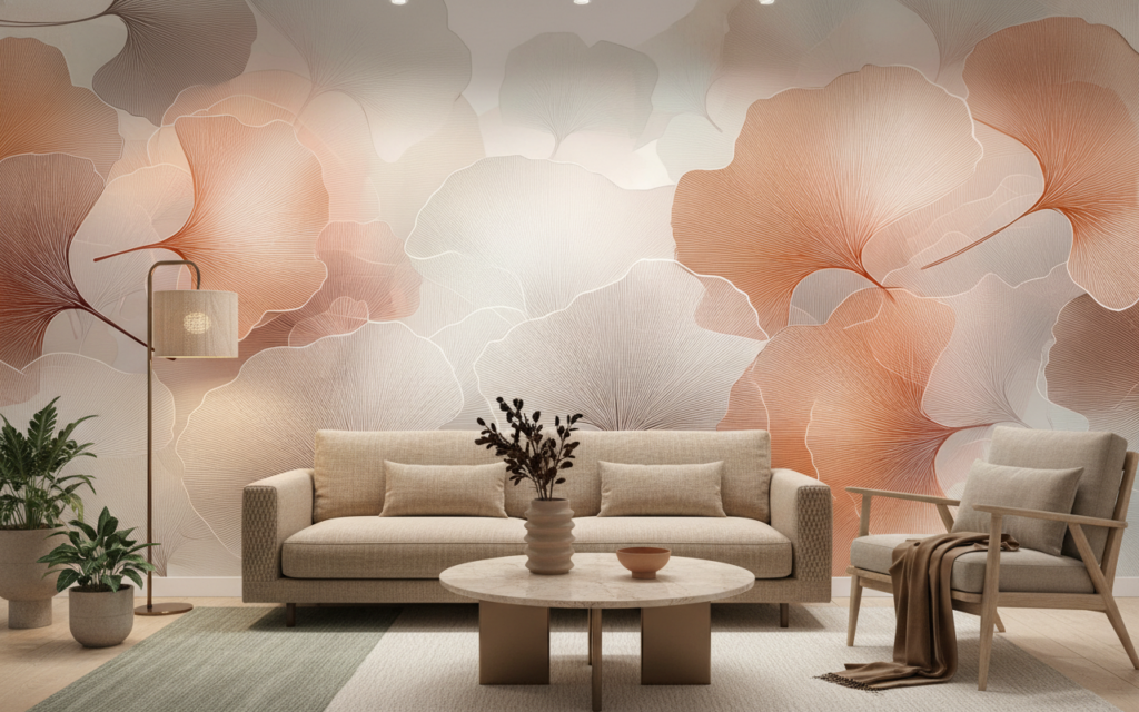 Papier peint feuilles de ginkgo aquarelle tons orangés et beiges - Salon / Séjour