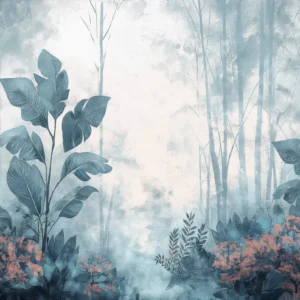 Papier Peint Forêt Tropicale Bleue avec Touches Corail Artistique