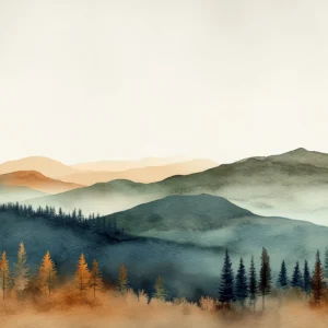 Paysage de montagnes et forêt d'automne aux teintes aquarelle