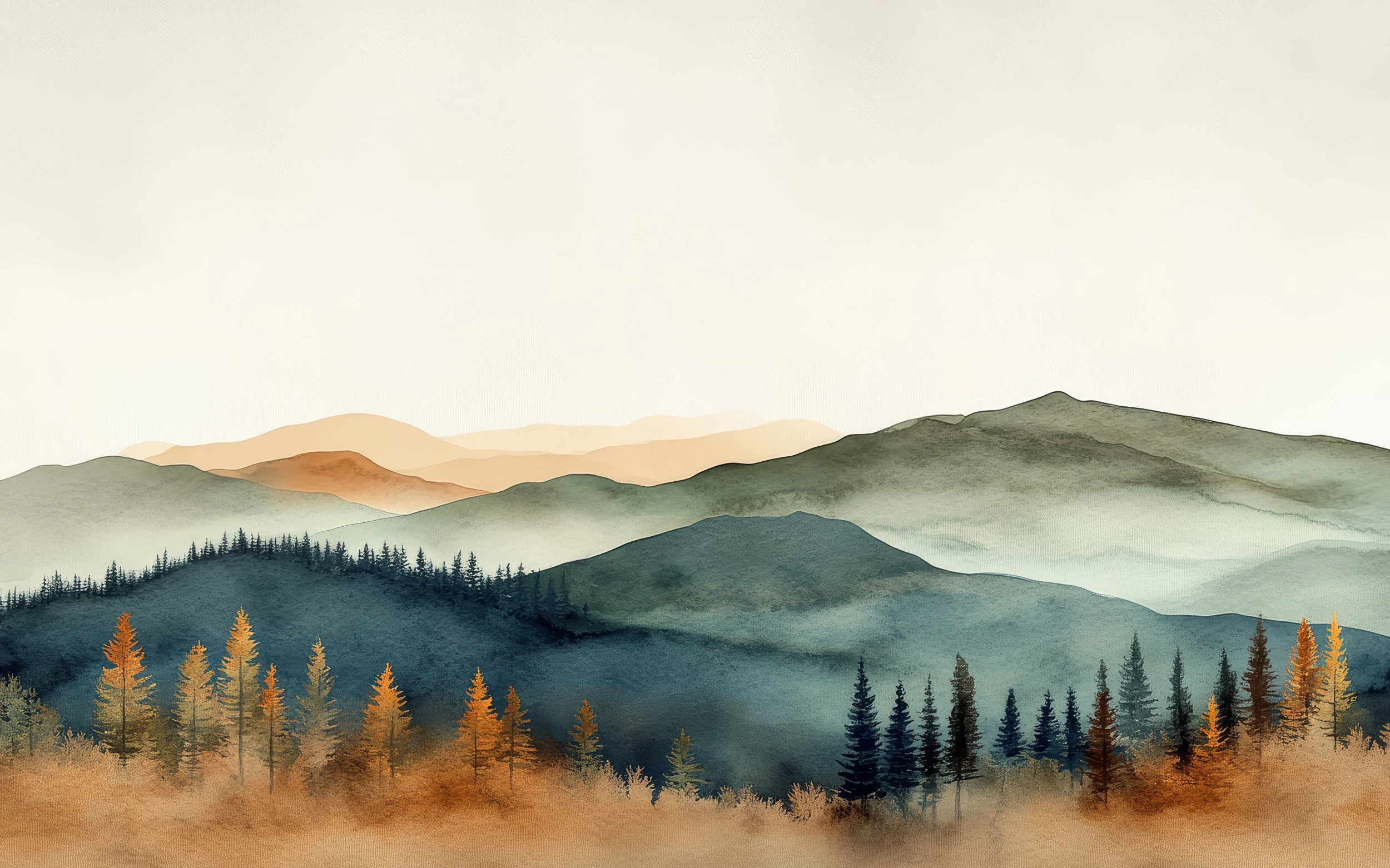 Paysage de montagnes et forêt d'automne aux teintes aquarelle