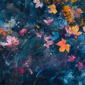 Papier Peint Artistique Feuillages Automnales sur Fond Bleu Abstrait