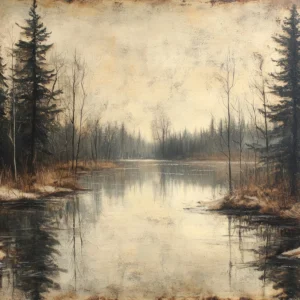 Papier peint paysage forestier lac automnal style vintage romantique