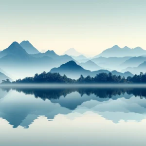 Papier Peint Panoramique Montagnes Bleutées et Lac Miroir