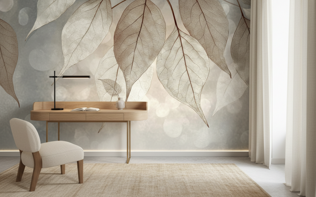 Papier peint feuilles translucides effet squelette beige naturel - Bureau