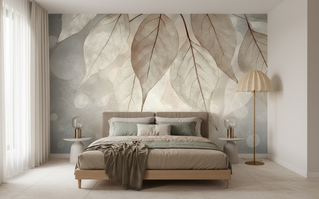 Papier peint feuilles translucides effet squelette beige naturel - Chambre adulte