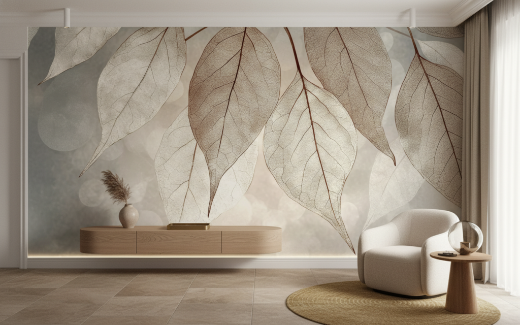 Papier peint feuilles translucides effet squelette beige naturel - Entrée