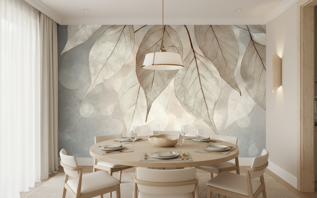 Papier peint feuilles translucides effet squelette beige naturel - Salle à manger