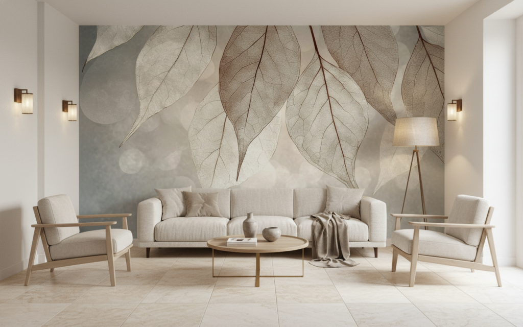 Papier peint feuilles translucides effet squelette beige naturel - Salon / Séjour