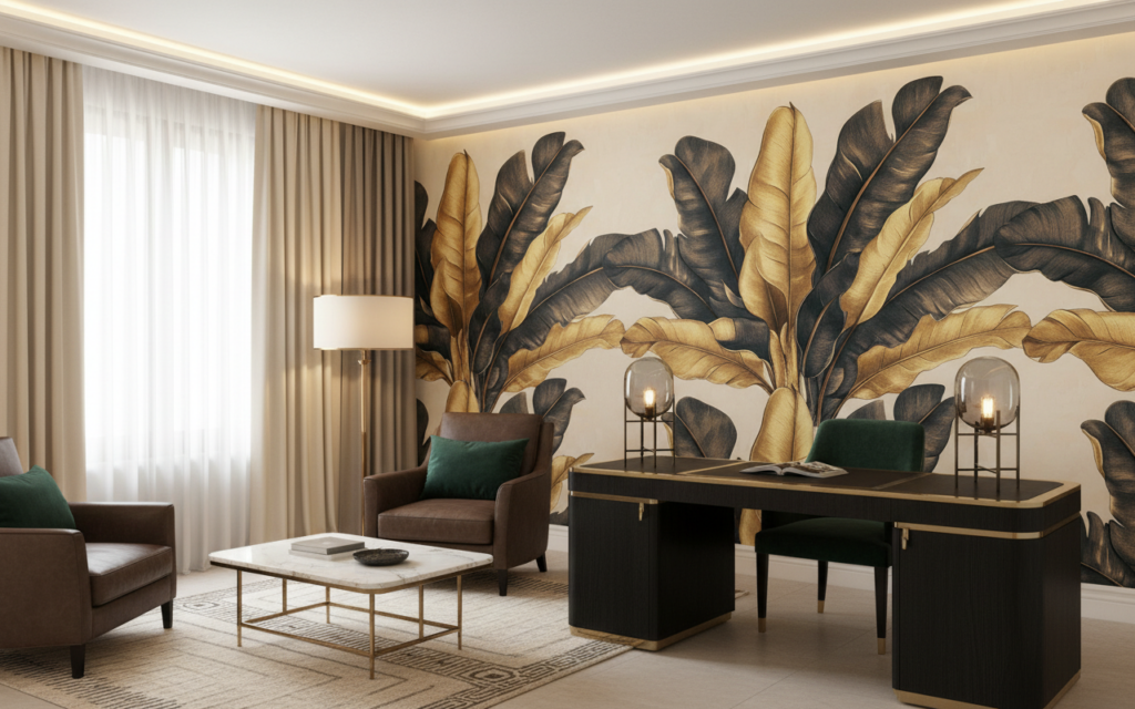 Papier Peint Feuilles Tropicales Dorées et Anthracite Luxueuses - Bureau