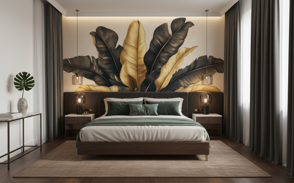 Papier Peint Feuilles Tropicales Dorées et Anthracite Luxueuses - Chambre adulte