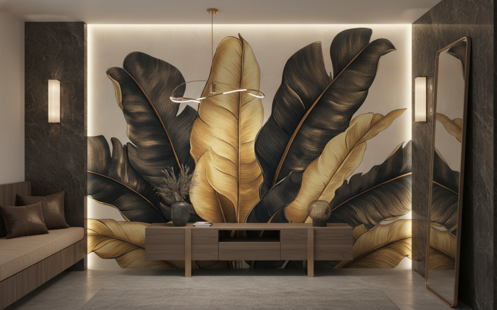 Papier Peint Feuilles Tropicales Dorées et Anthracite Luxueuses - Entrée