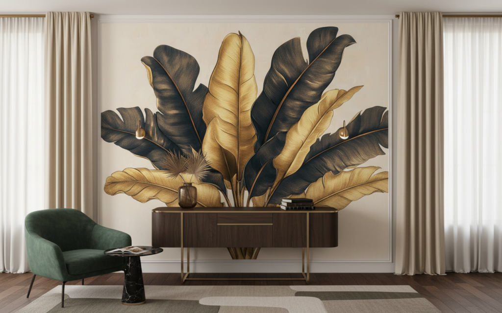 Papier Peint Feuilles Tropicales Dorées et Anthracite Luxueuses - Hôtel