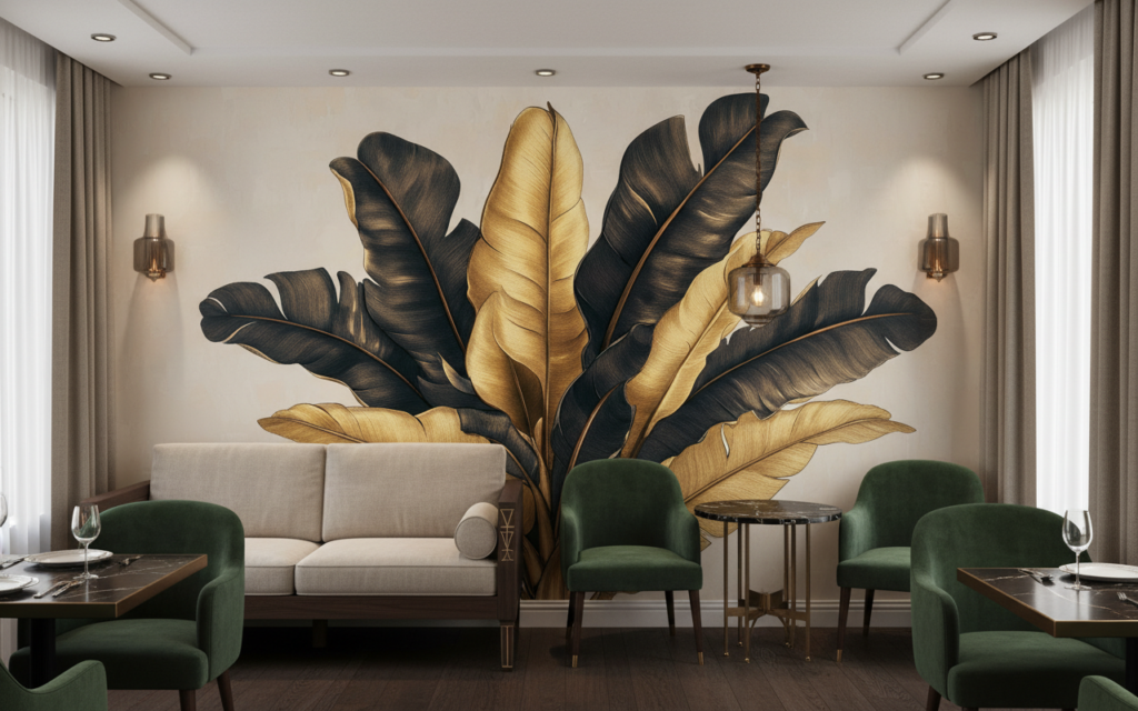 Papier Peint Feuilles Tropicales Dorées et Anthracite Luxueuses - Restaurant