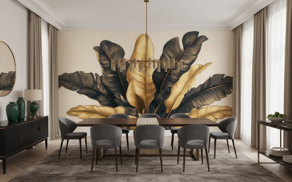 Papier Peint Feuilles Tropicales Dorées et Anthracite Luxueuses - Salle à manger
