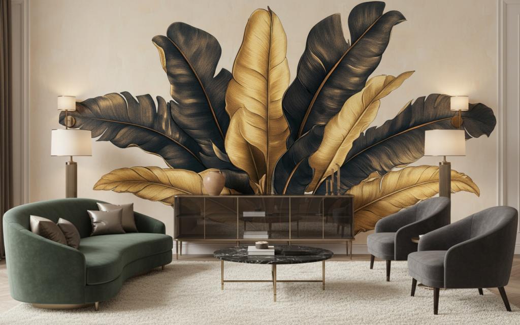 Papier Peint Feuilles Tropicales Dorées et Anthracite Luxueuses - Salon / Séjour