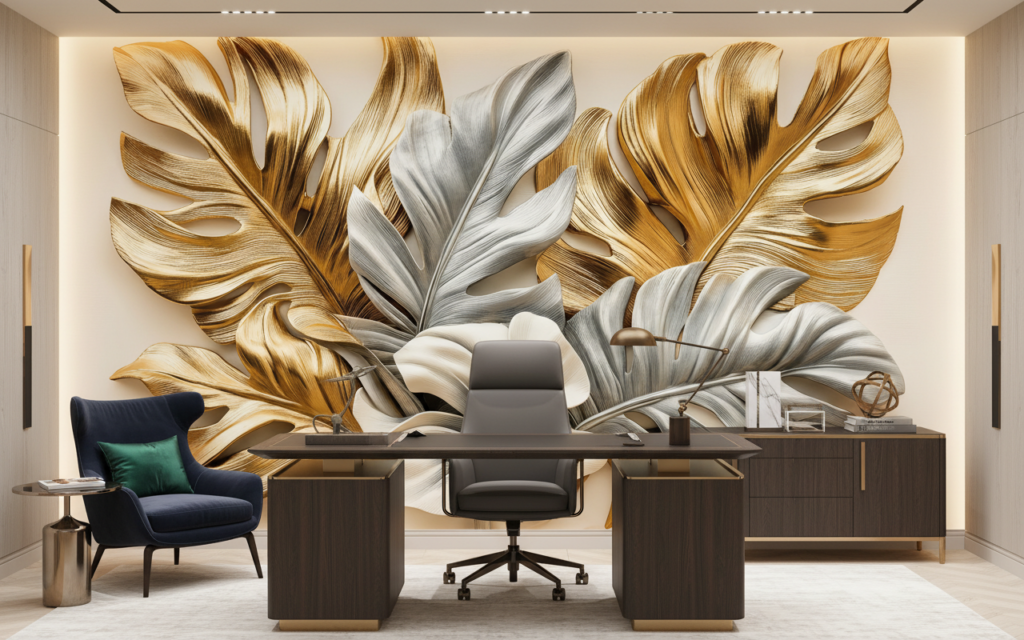 Papier peint feuilles tropicales métallisées or et argent luxueuses - Bureau