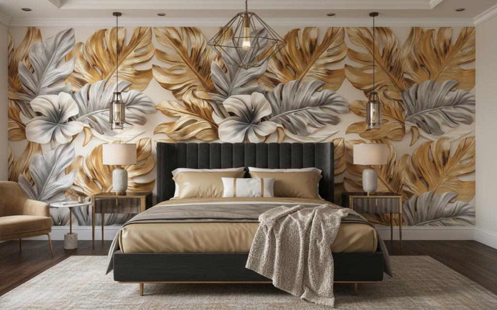 Papier peint feuilles tropicales métallisées or et argent luxueuses - Chambre adulte