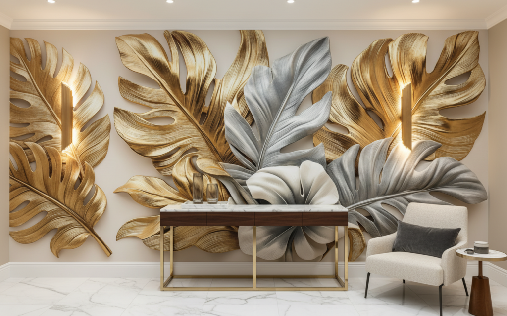 Papier peint feuilles tropicales métallisées or et argent luxueuses - Entrée