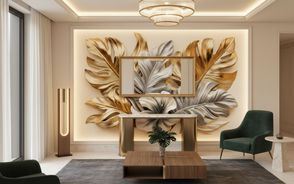 Papier peint feuilles tropicales métallisées or et argent luxueuses - Hôtel