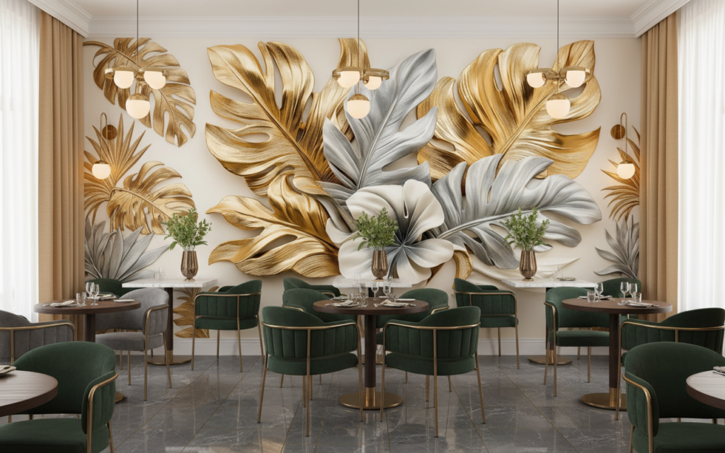 Papier peint feuilles tropicales métallisées or et argent luxueuses - Restaurant