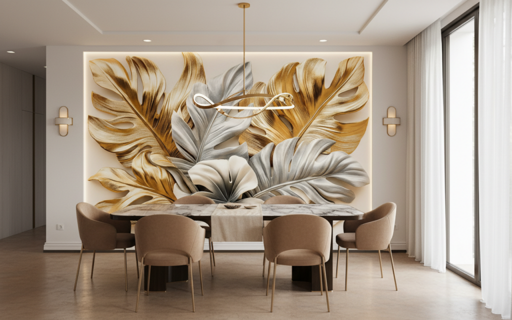 Papier peint feuilles tropicales métallisées or et argent luxueuses - Salle à manger