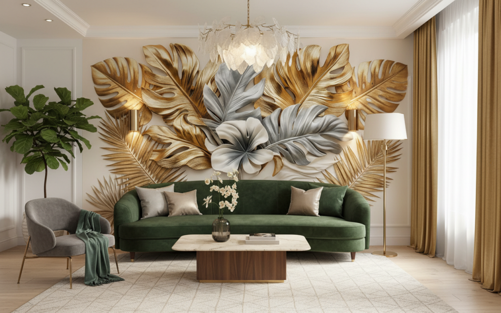 Papier peint feuilles tropicales métallisées or et argent luxueuses - Salon / Séjour